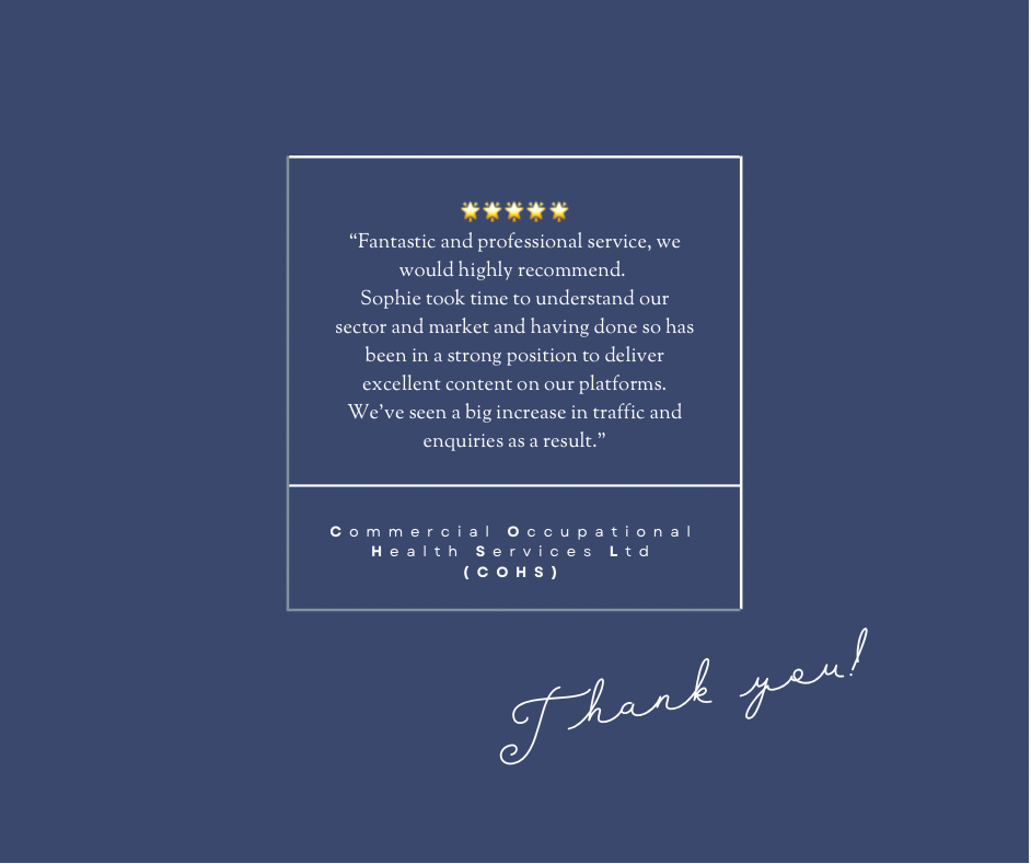 Graphic of a testimonial and 5 star review from COHS to Sophie Seddon PR.