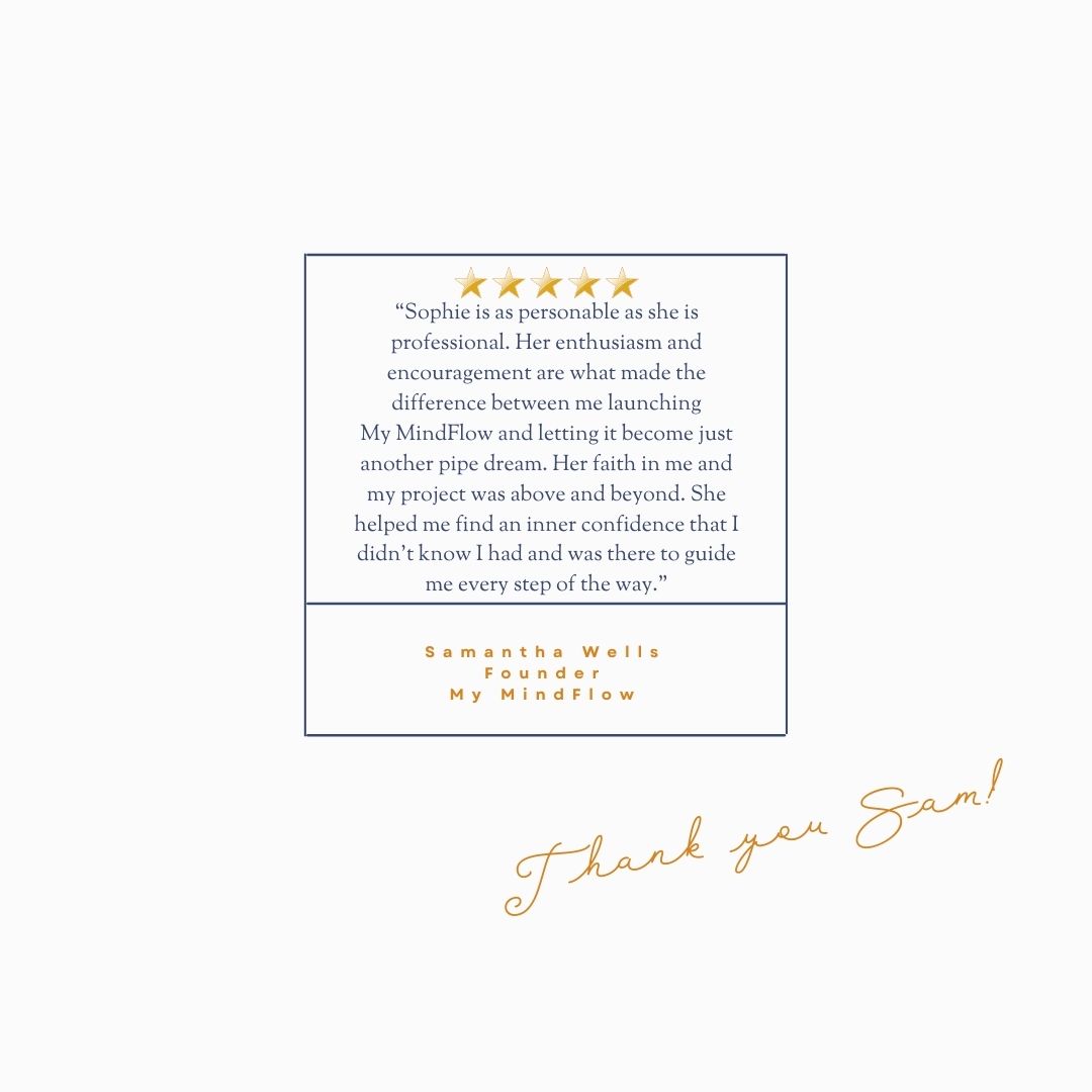 Graphic shows a 5 star review and testimonial from MyMindFlow to Sophie Seddon PR.