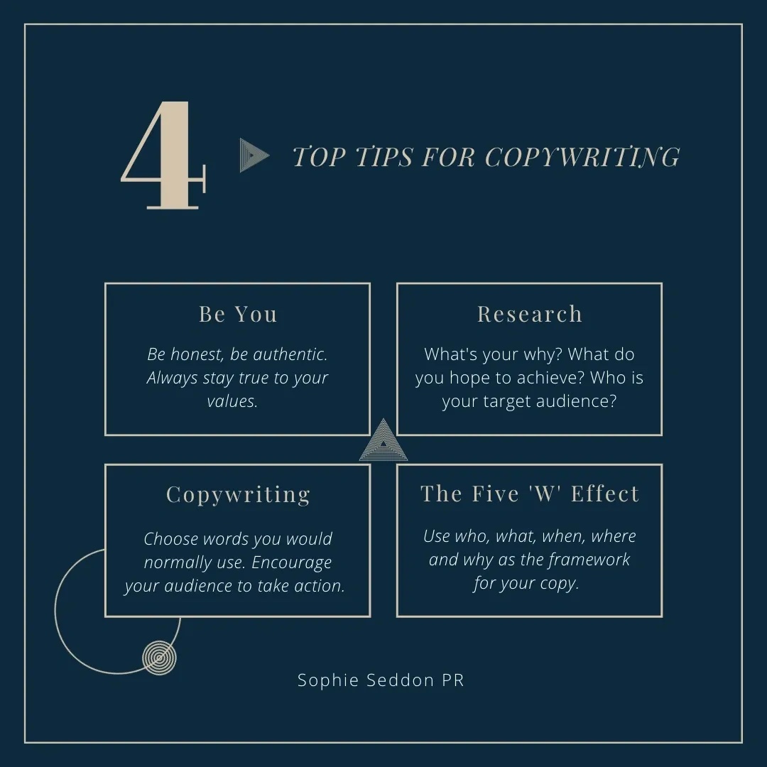 Graphic from Sophie Seddon PR for four top tips in copywriting.