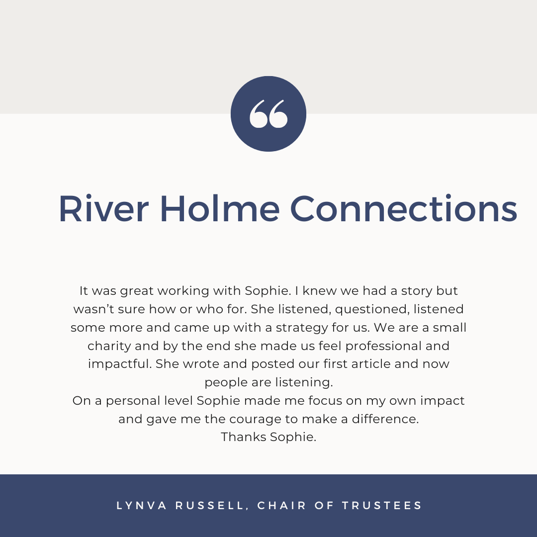 Graphic to show a 5 star review and testimonial for Sophie Seddon PR from Honley charity River Holme Connections.