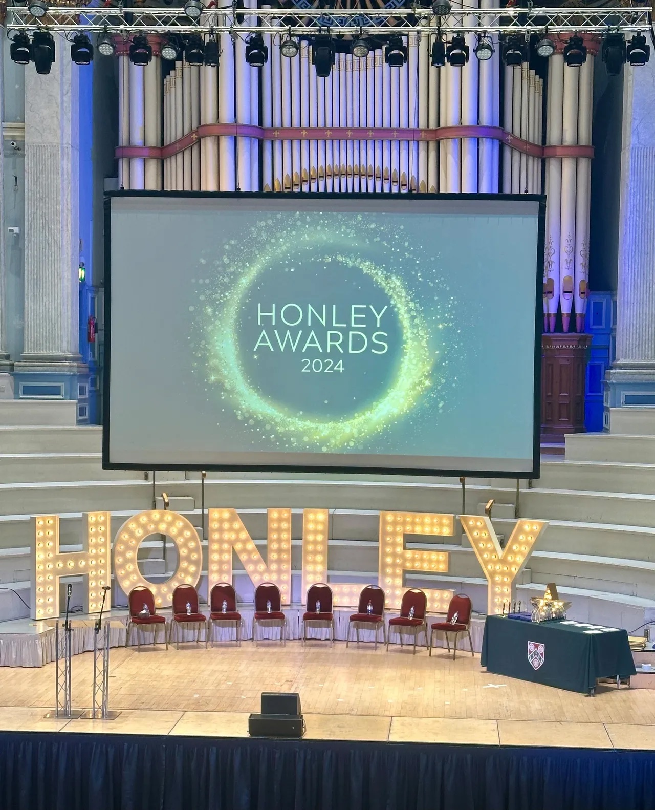 Stage set up at Huddersfield Town Hall for the high school awards night.