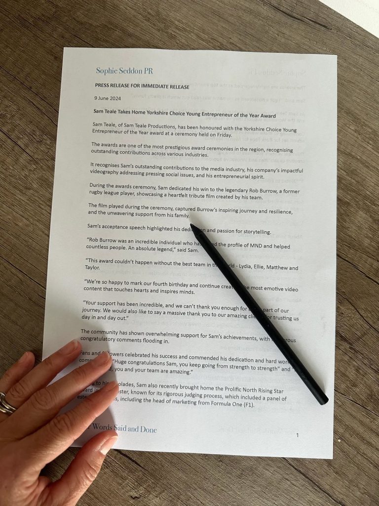 Press release written and distributed by Sophie Seddon PR for scooping the Yorkshire Choice Young Entrepreneur of the Year award.