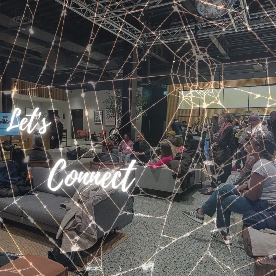 People at a networking event attended by Sophie of Sophie Seddon PR, with a graphic of a cobweb going over the image.