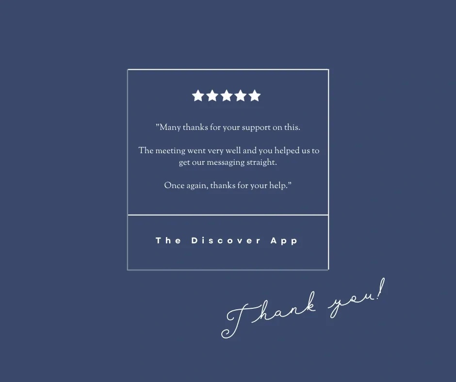 Graphic from Sophie of Sophie Seddon PR to show a 5 star review and positive comments from The Discover App.