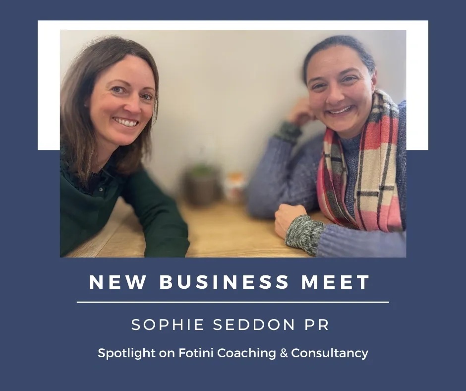 Sophie of Sophie Seddon PR sitting in a cafe with Tina Booth of Fotini Coaching and Consultancy in Honley, Holmfirth, West Yorkshire.