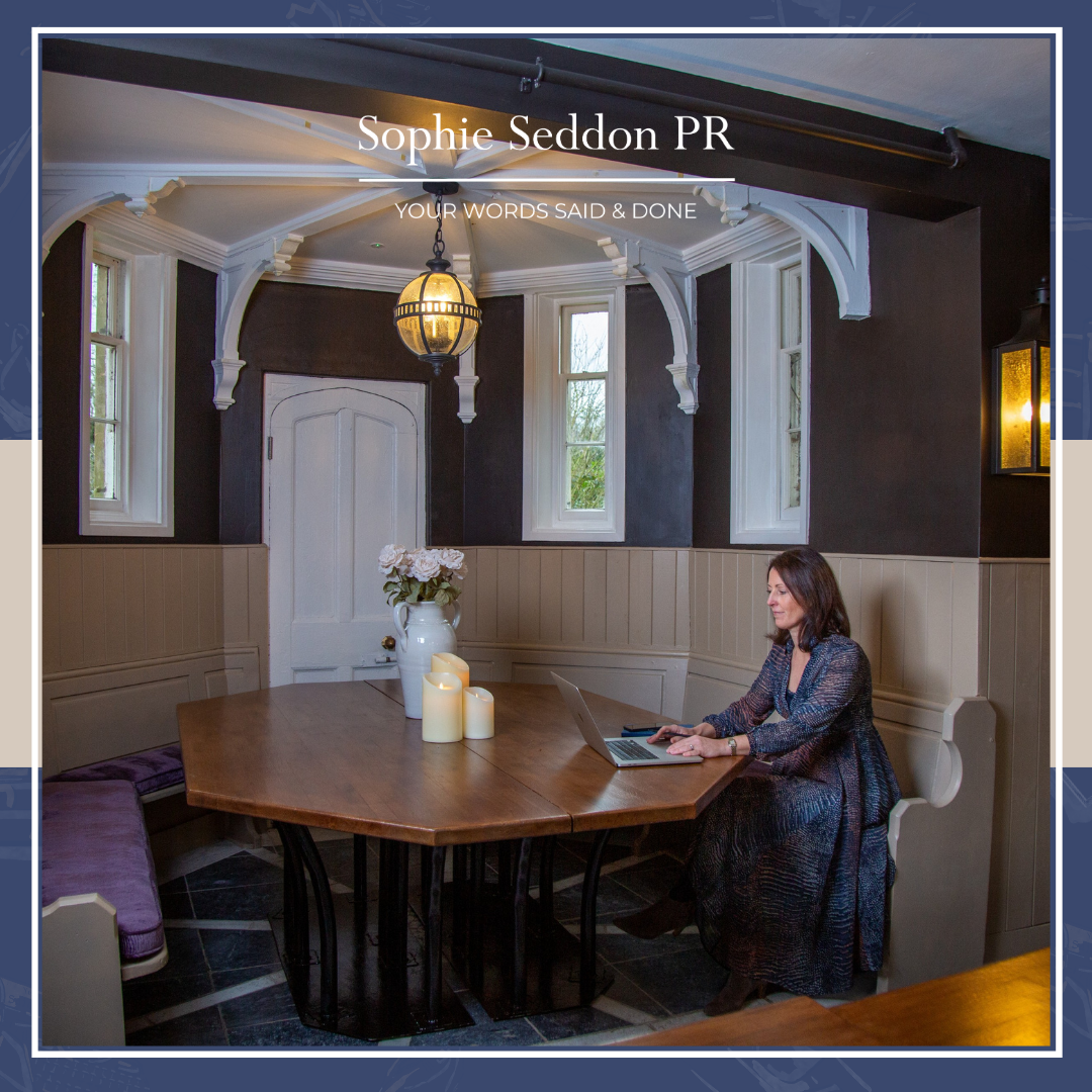 Sophie Seddon of Sophie Seddon PR working on her laptop at Thicket Priory, York.