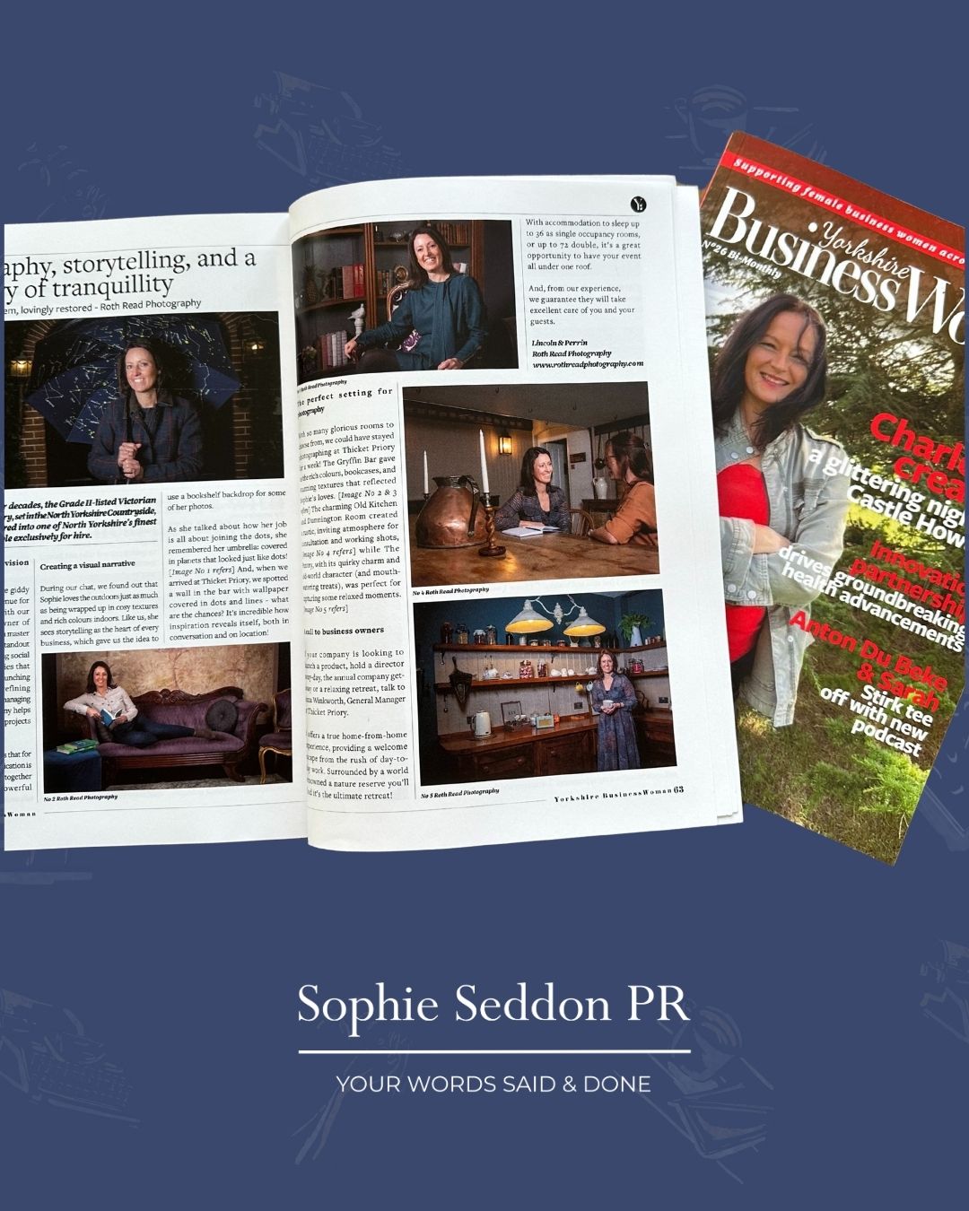 Sophie Seddon featured in the April 2025 edition of Yorkshire Businesswoman magazine, photographed by Roth Read Photography at Thicket Priory.