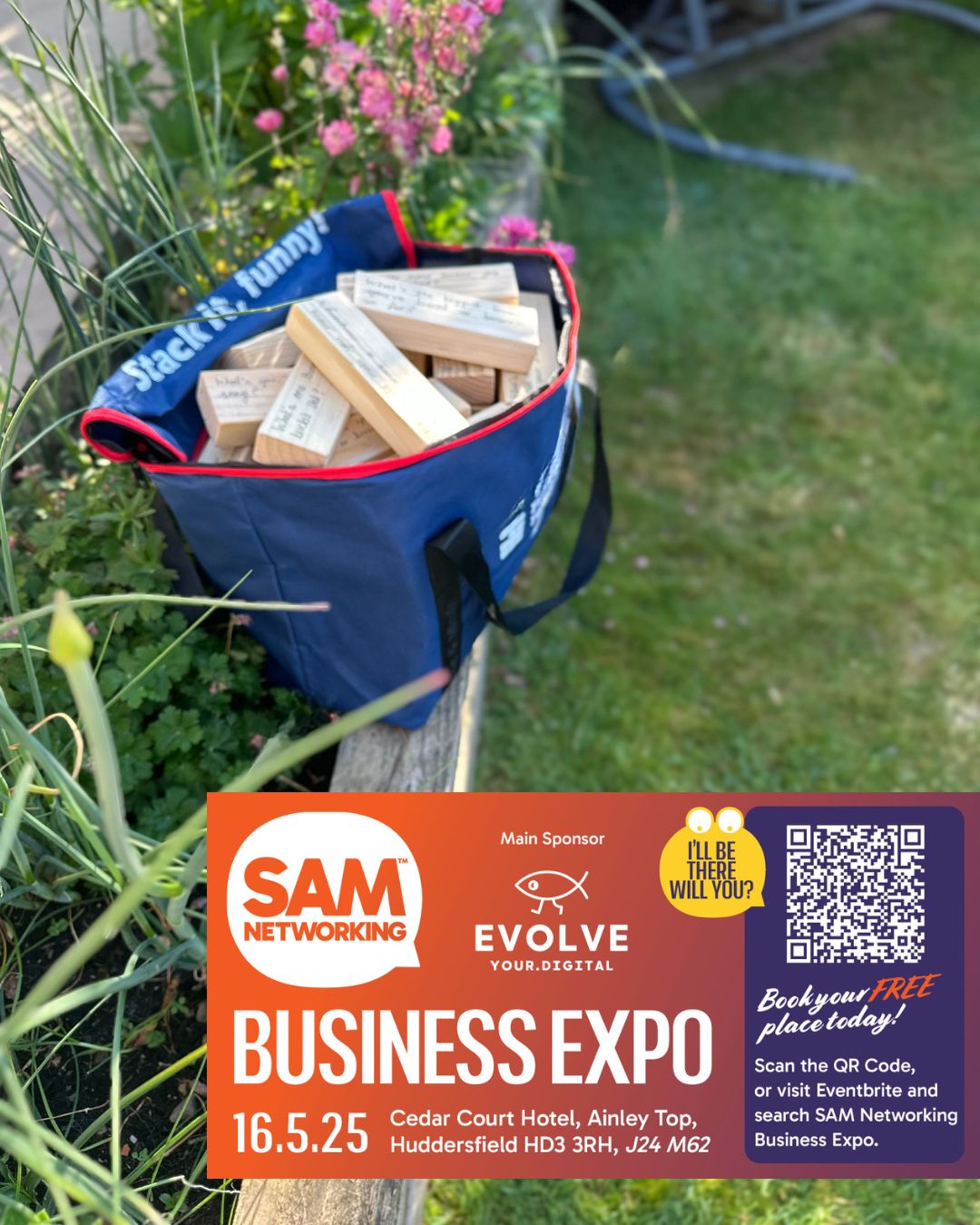Sophie Seddon PR tabletop Jenga game set up in a sunny garden, promoting SAM Networking Business Expo 2025 with Expo promo overlay text banner.