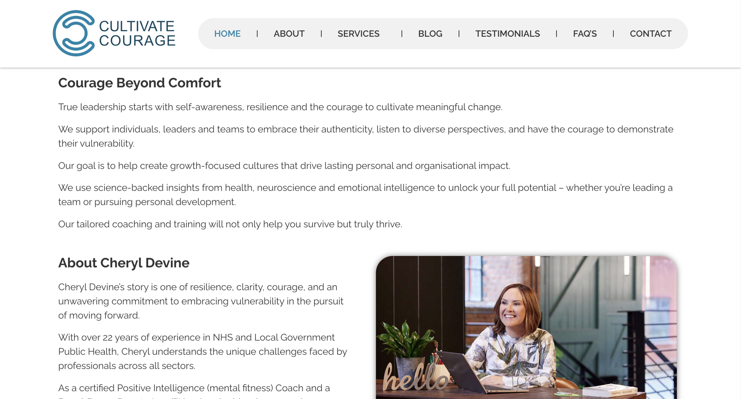 Screenshot of the Cultivate Courage website home and landing page, showing the navigation menu and web copy written by Sophie Seddon PR.
