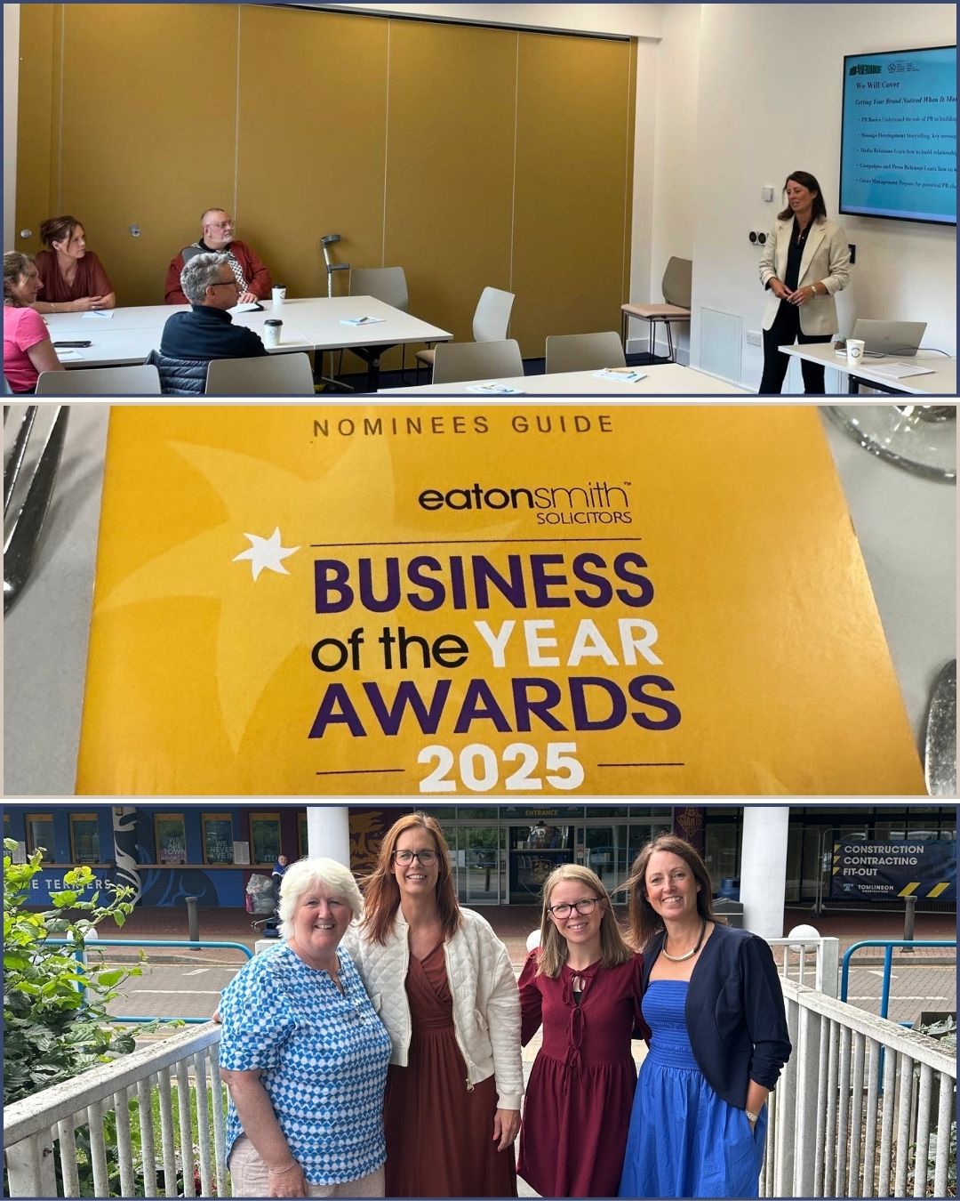 Sophie Seddon delivering PR and storytelling training at an A:VENTURE business support workshop, helping businesses find clarity and confidence in their messaging. Sophie Seddon PR featured as Eaton Smith Business of the Month winner, logo proudly displayed among local business champions.