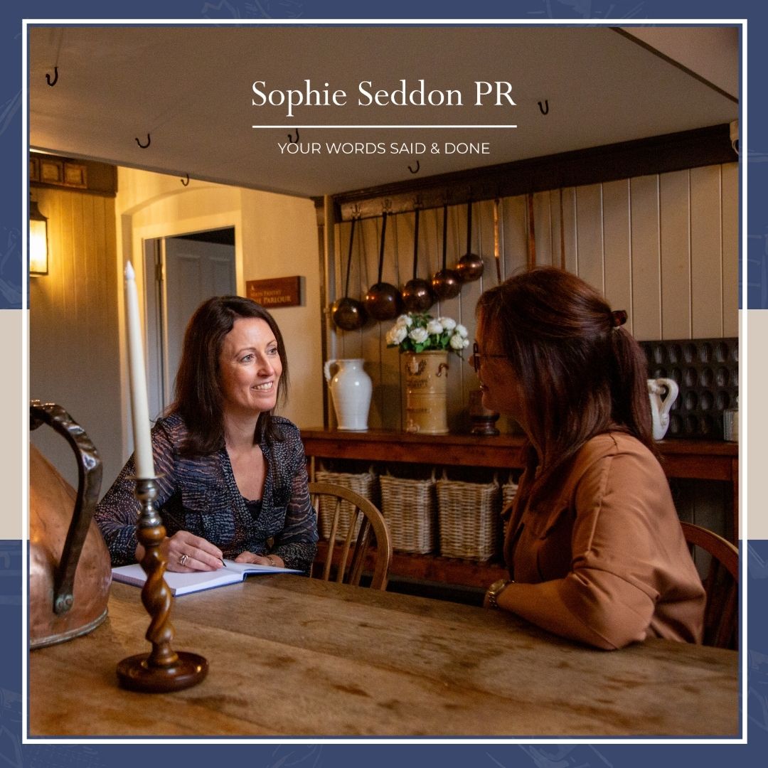 Sophie Seddon of Sophie Seddon PR consulting with a client at Thicket Priory, captured by Roth Read Photography. A relaxed, professional conversation in a beautiful setting.
