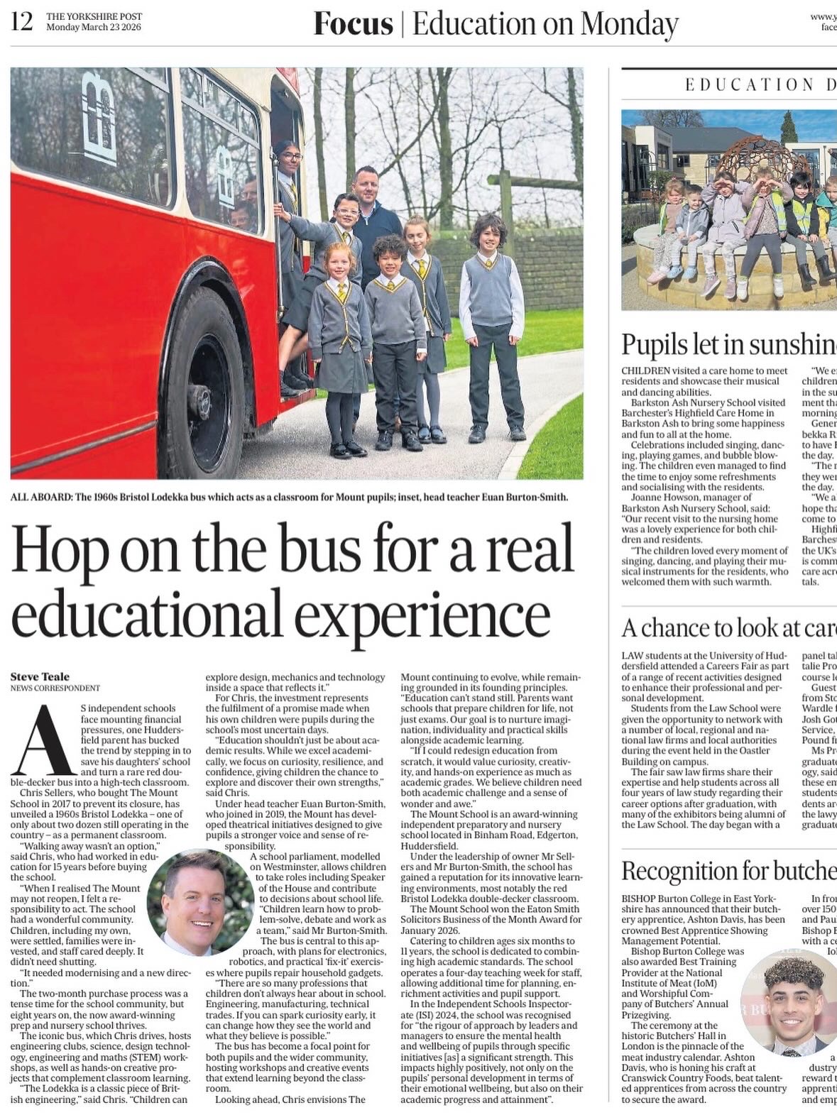Double-decker bus transformed into classroom at The Mount School Huddersfield, scoops lead Education feature in the Yorkshire Post.