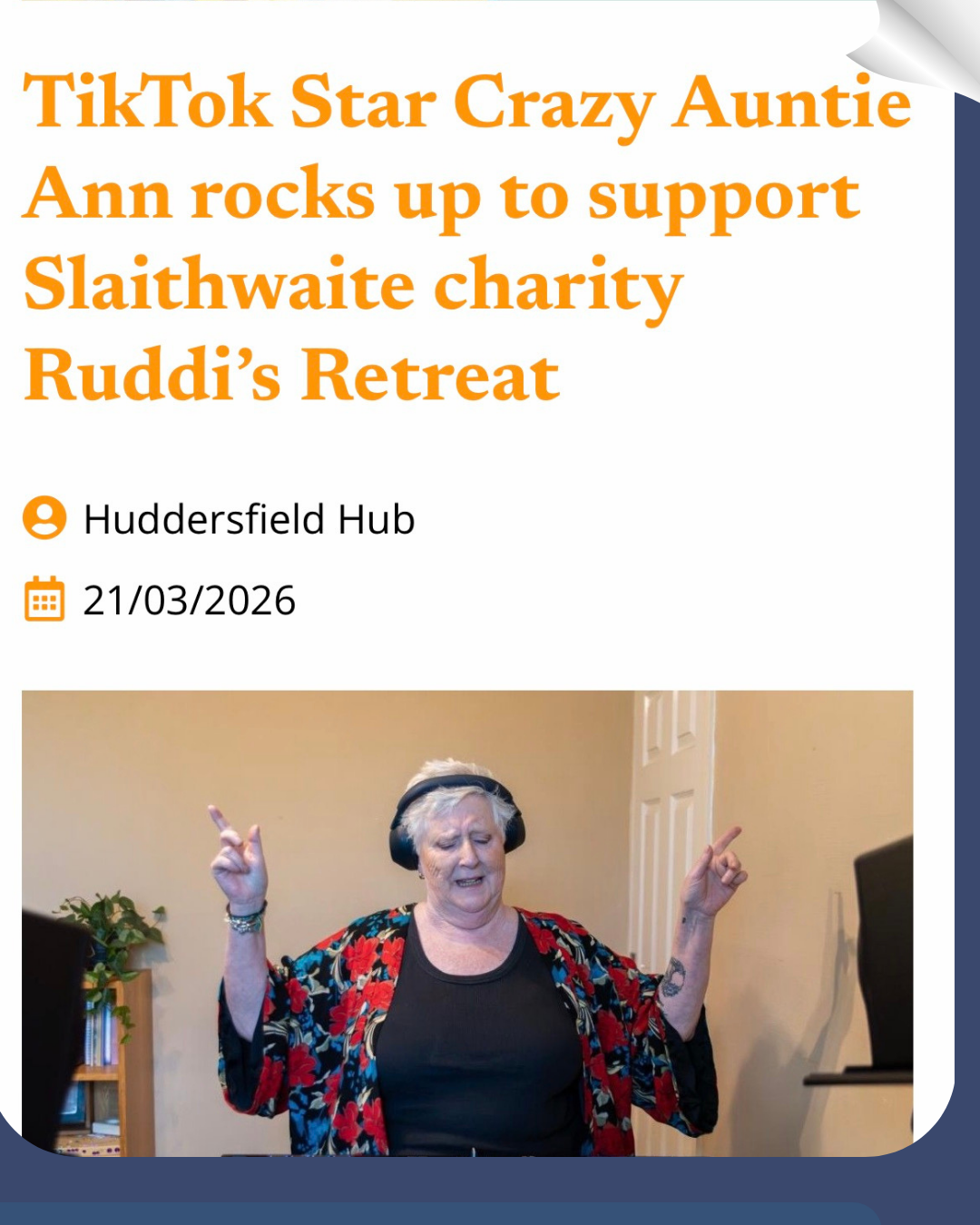 Screenshot of Huddersfield Hub news story about Ruddi’s Rockstars, a charity supporting families facing childhood cancer through respite holidays.