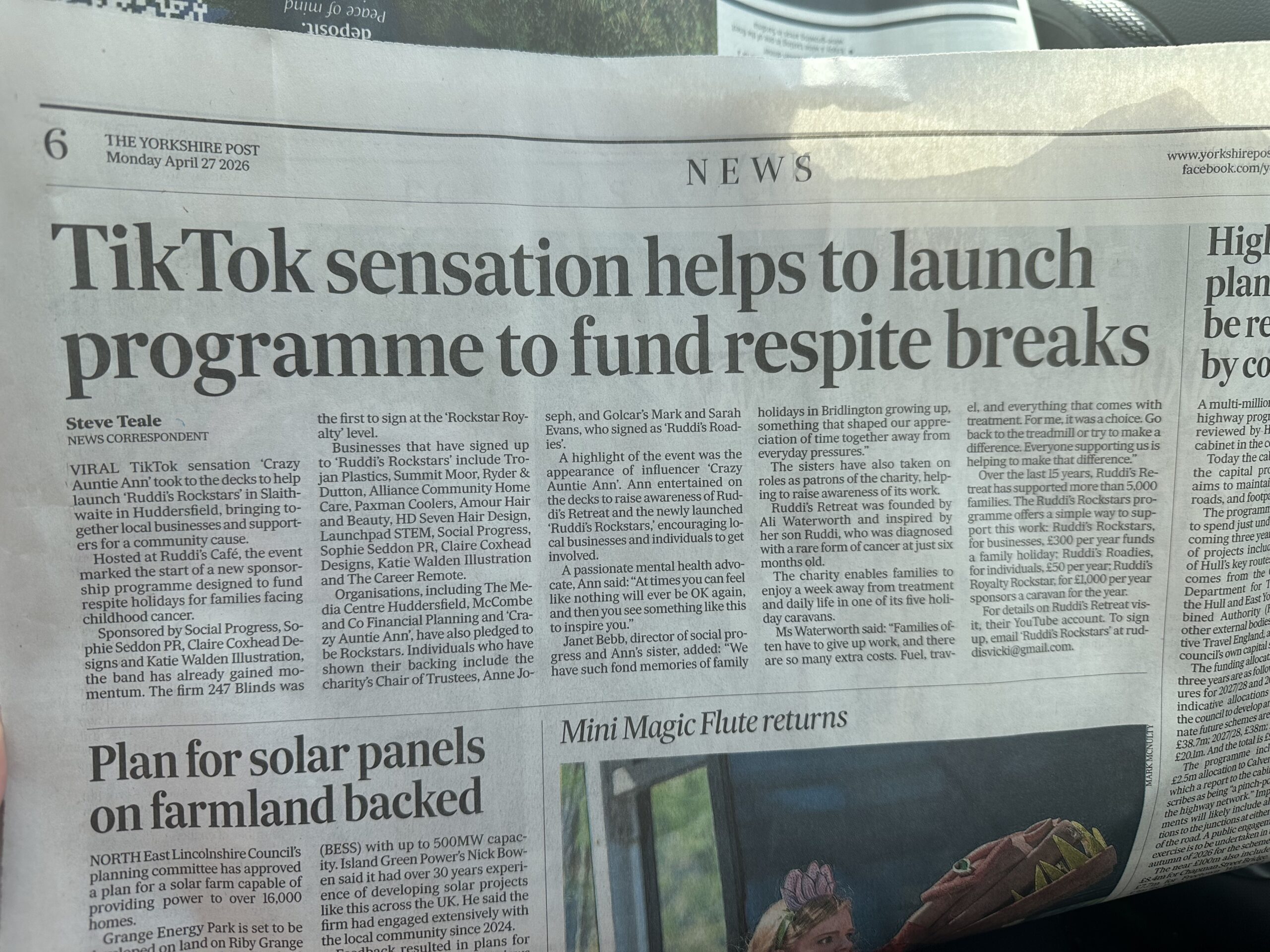 Screen grab of Ruddi's Rockstars feature in The Yorkshire Post, written by Sophie Seddon PR.