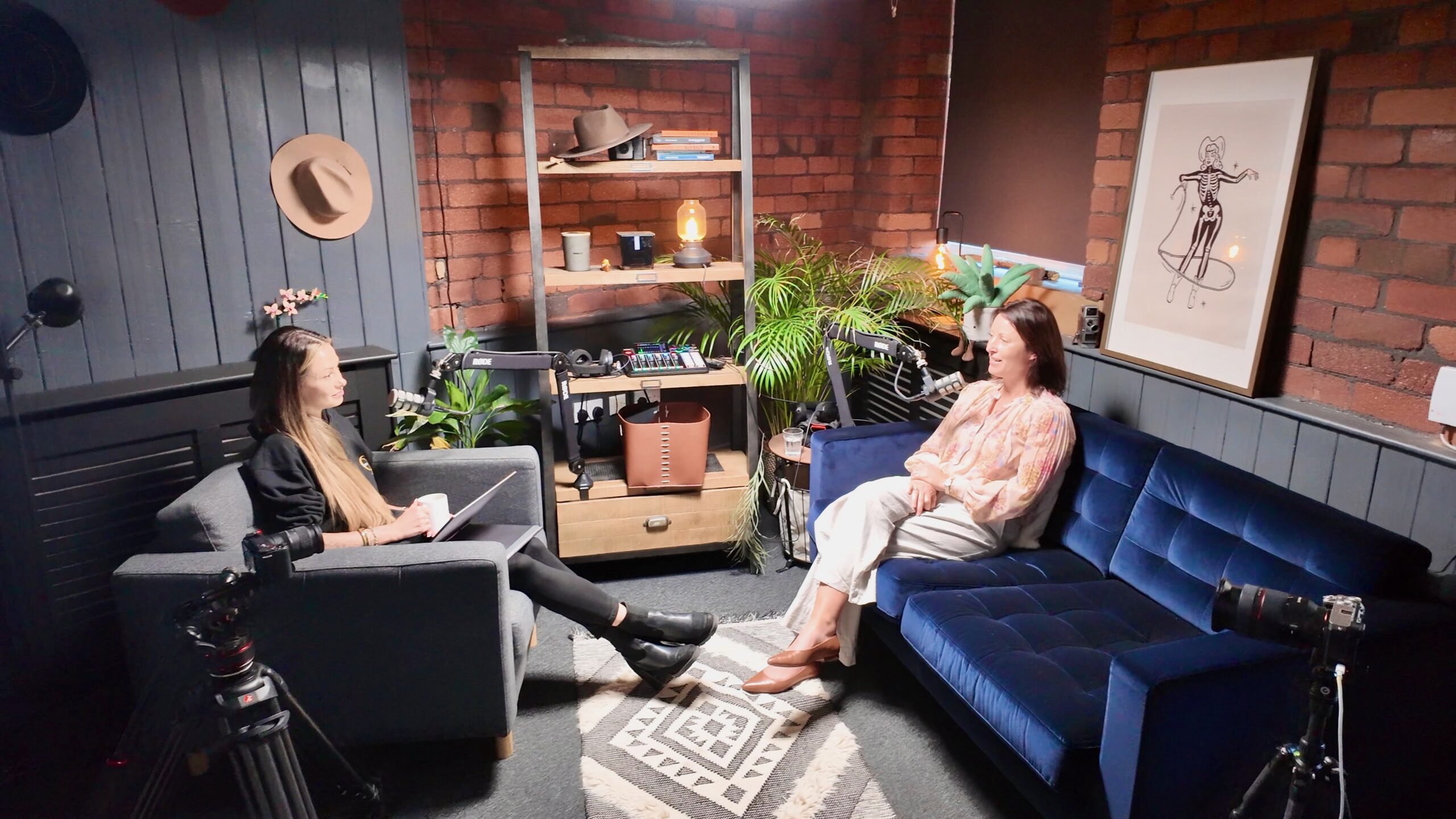 Podcast studio recording with Sophie Seddon PR and Louise Wilkinson for Culture Minds' Ripping Up the Rule Book podcast exploring leadership and imposter syndrome. Louise and Sophie are sitting together in the She Who Dares Wins podcast studio in Farsley, Leeds.