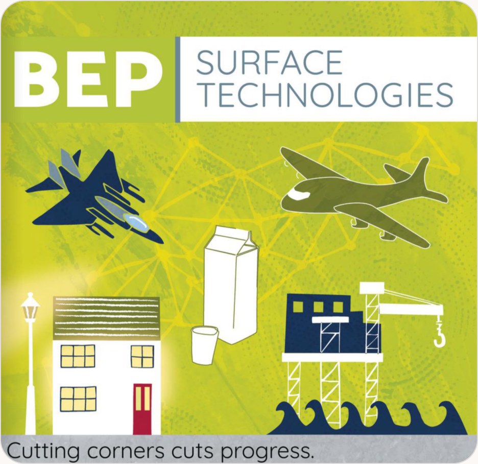 The BEP Surface Technologies Illustrated Explainer cover — a fighter jet, a transport aircraft, a house, packaging and an offshore rig over a lime-green field, above the line “Cutting corners cuts progress.”