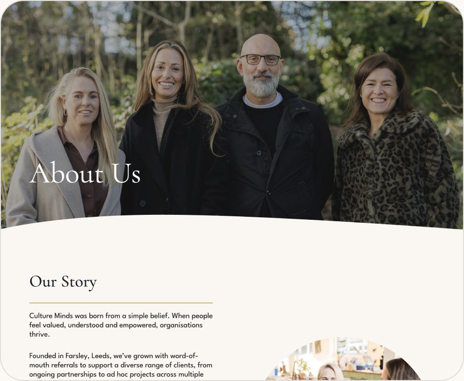 The Culture Minds website — a team portrait under the heading “About Us”, above the opening of an “Our Story” section